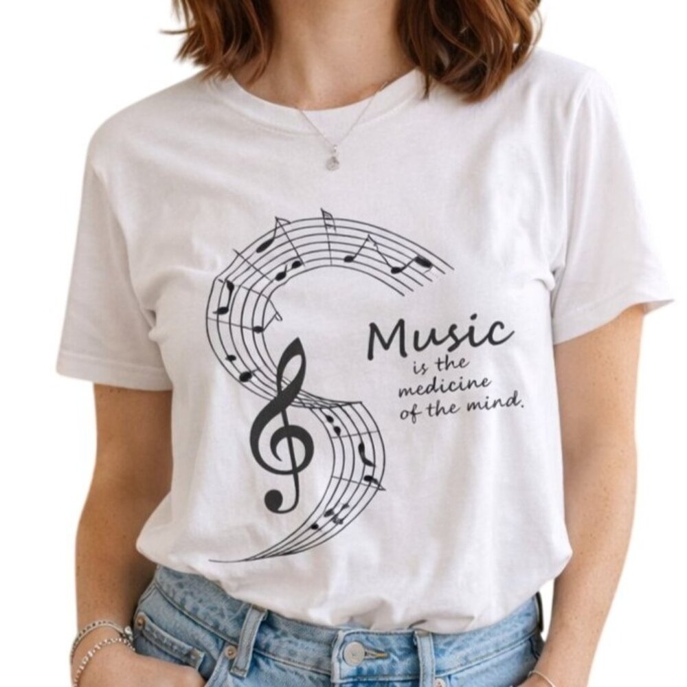 Music Shirt Womens M White Treble Clef Quote Music is the Medicine of Mind Tee